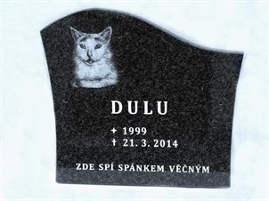 Zvířecí náhrobek z černé žuly s gravírovaným jménem a obrázkem kočičky – Kamenictví Dvořák Telč